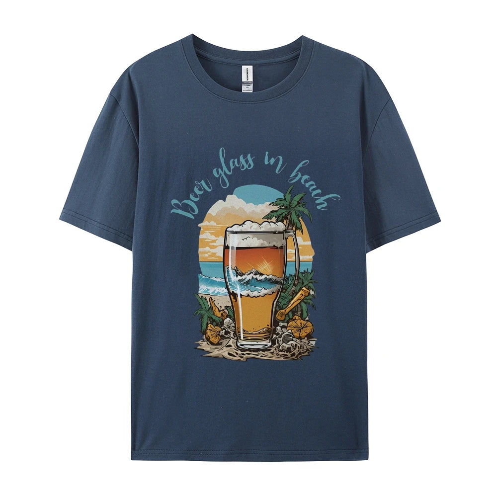 Beer Glass In Beach Women’s Graphic Tee Summer Vacation T-Shirt Beers Lover Shirt Oktoberfest Tshirts Women’s Clothes Top Tees