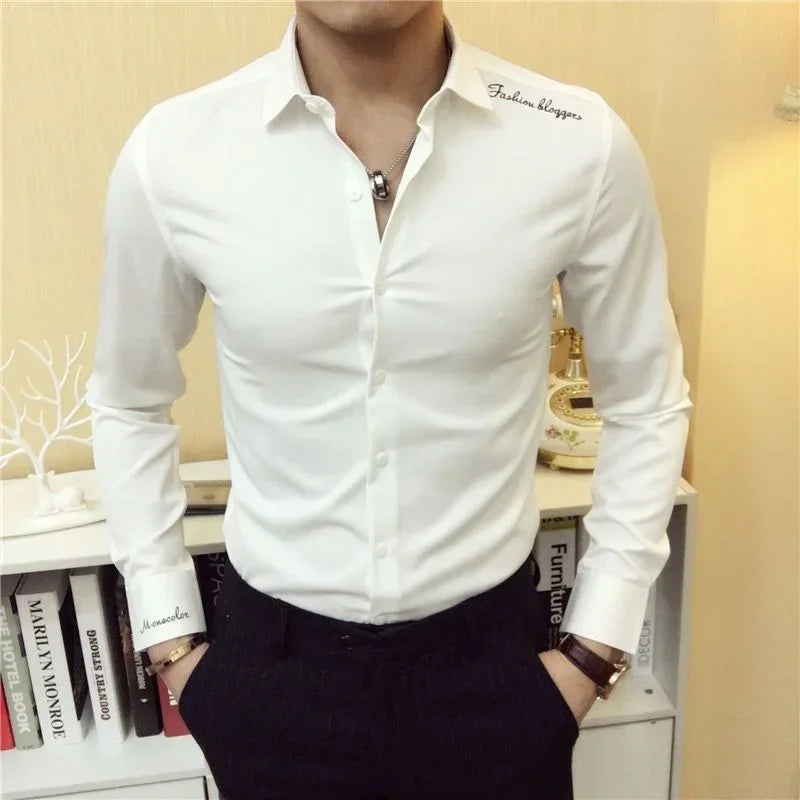 Shirts and Blouses for Men Plain Long Sleeve Clothing Muscle Man Tops Business Dress Shirt Black with Collar Slim Fit Asia S Xxl