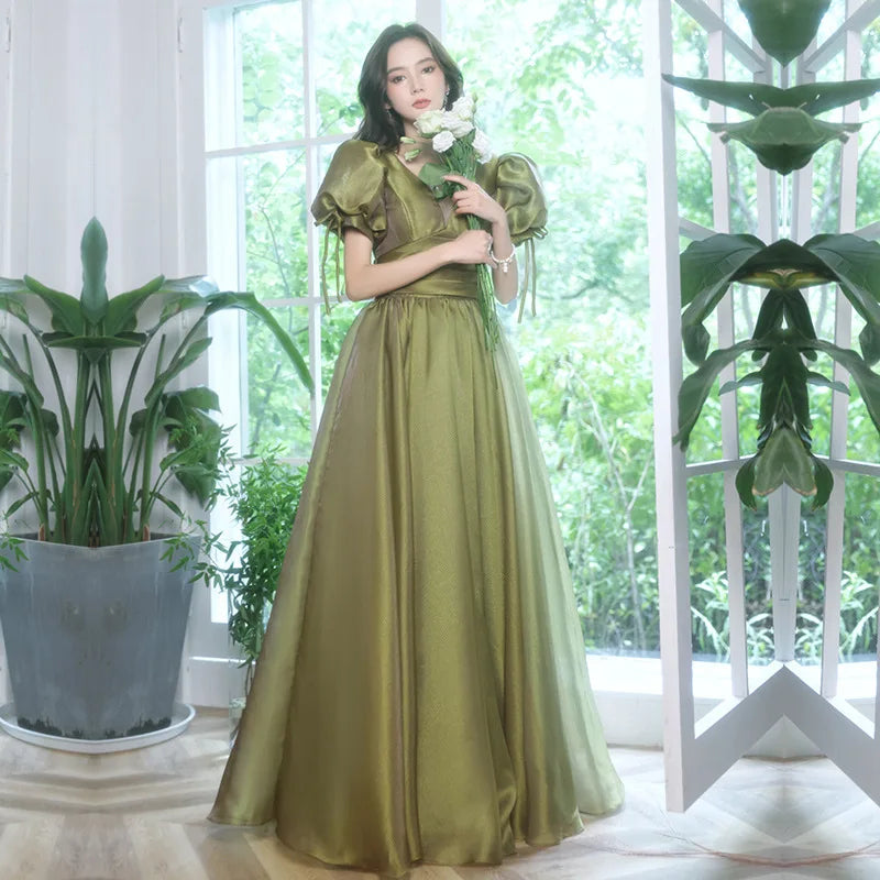 Summer Banquet Evening Dress Skirt Female Green Black Puff Sleeve Waist Elegant French Court Style Long Dress New Style