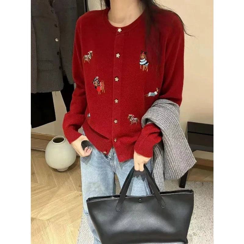 Women's Trendy Sweet Chic Cute Cartoon Embroidery Single Breasted Cardigan Spring Casual O Neck Long Sleeve Knitted Sweater Coat