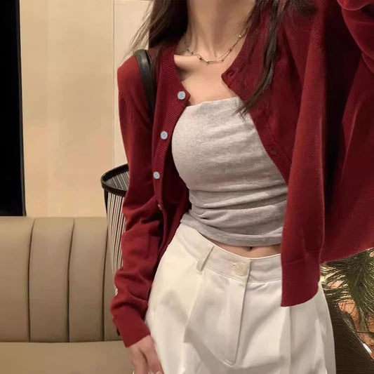 C.New S Red Round Neck Sweater Knit Outerwear Cardigan Women 2024 New Early Spring Clothing Slim Fit Short Long Sleeve Top