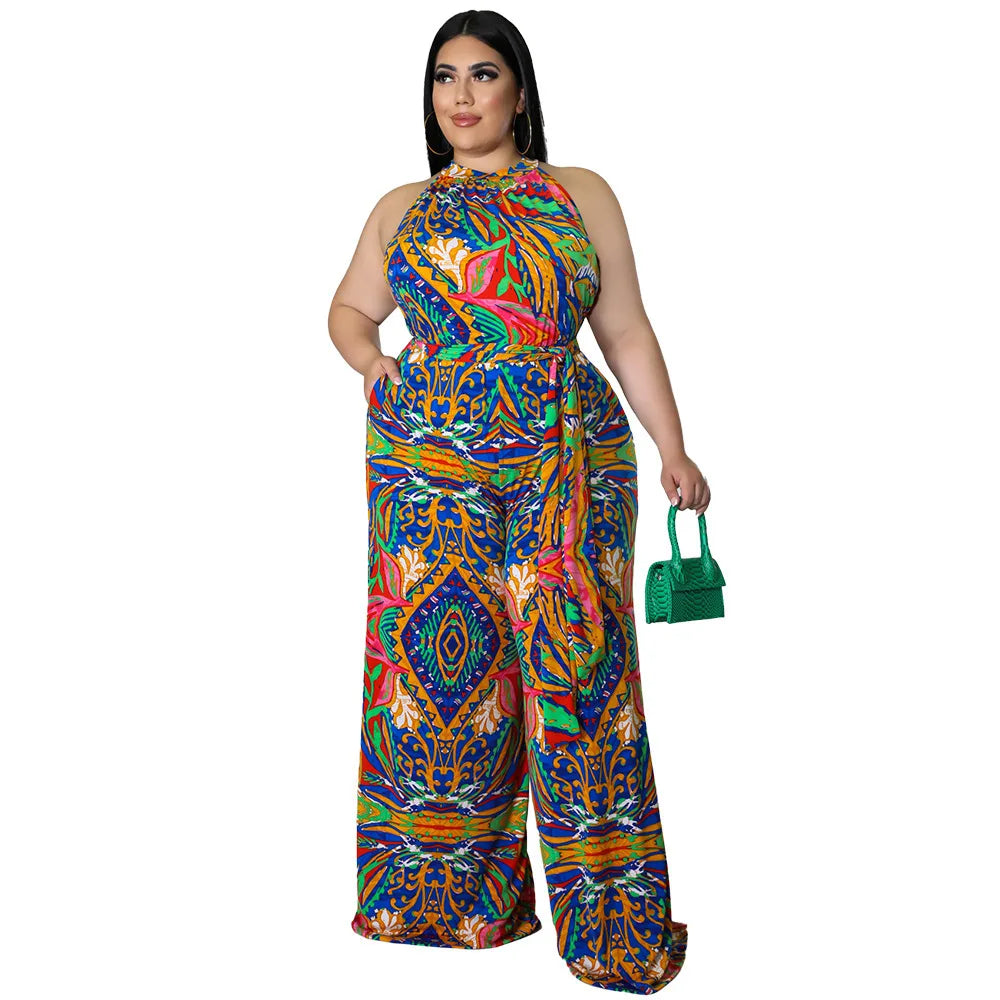 SOMO Plus Size Women Jumpsuit Sleeveless Casual Hanging Neck Print with Belt Large Size Romper Wide Legs 2024 New Dropshipping