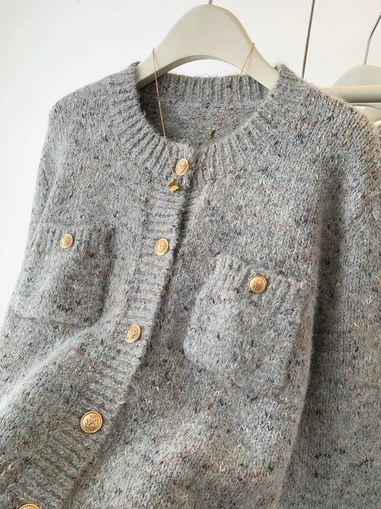 Gold Buttons Gray Women Knit Cardigan Simple O-Neck Long Sleeve Sweater Coat Autumn Spring Office Lady Elegant Knitwear