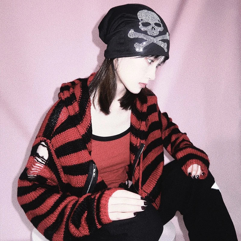 Pink White Red Japanese Lady Hooded Loose Harajuku Sweaters Autumn Women Striped Fake-Zipper Cardigan Knitted Hollow Sweater