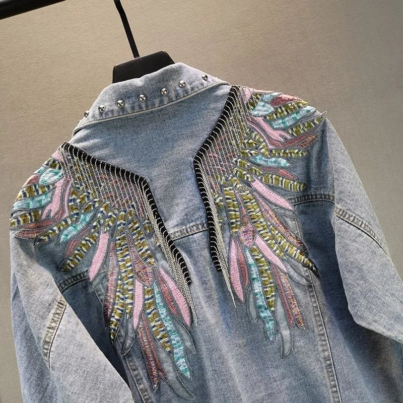 2024 New AutumnFashion Rivet Woman Denim Jacket Long Sleeve Female Jackets Jeans Coat Beading Tassel Denim Coat Outerwear