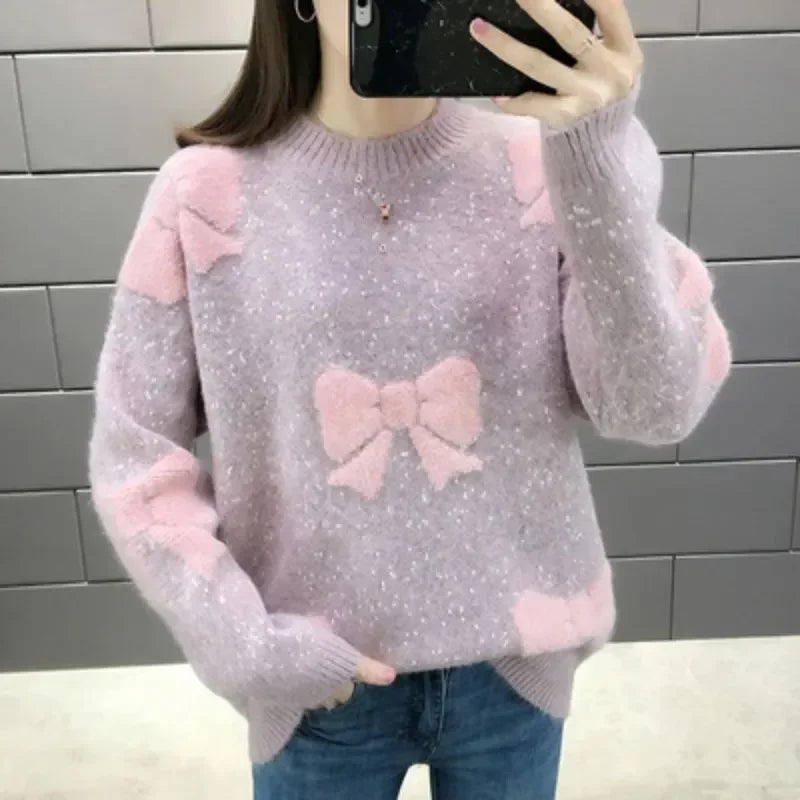 Loose Pullover Women Sweater Long-sleeve Thick Warm Sweaters 2025 Autumn Winter Fashion Bow Imitation Mink Velvet Tops Female