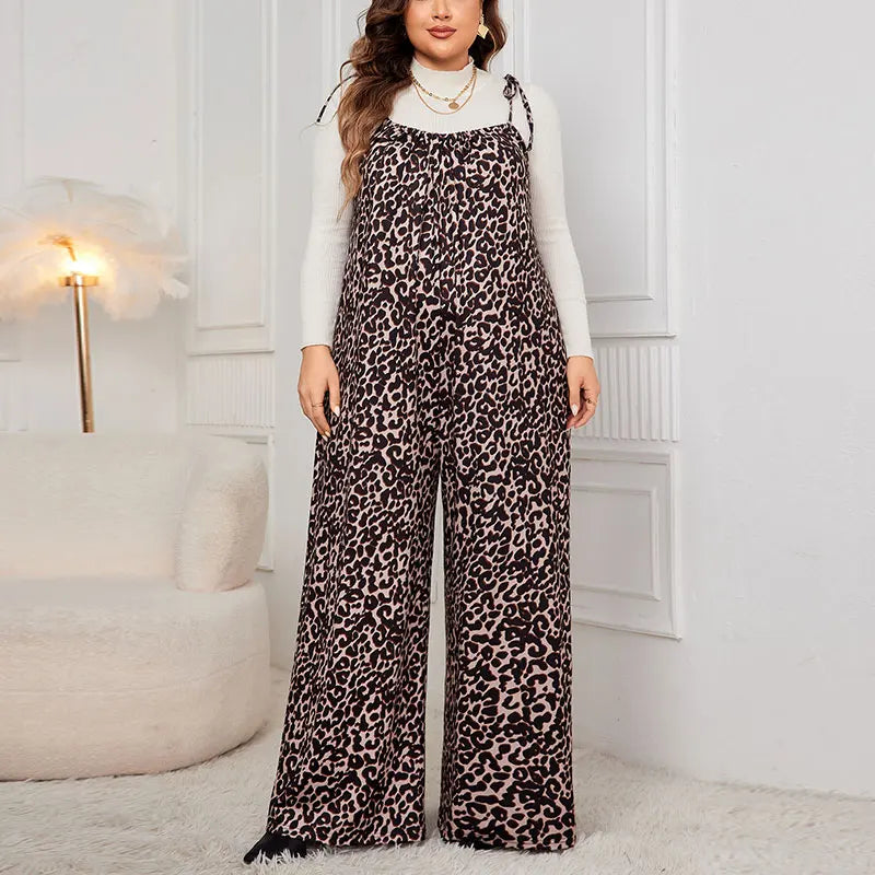 Plus Size Leopard Jumpsuits Sexy Lace Up Strap Sleeveless Wide Leg Pants Fashion Loose Brown Overalls