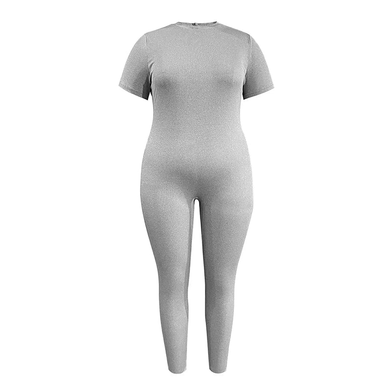 LW Autumn Large Size Full Jumpsuit Women 2024 Fashion Casual Short Sleeve Round Neck Solid Bodysuit Plus Size Womens Clothing