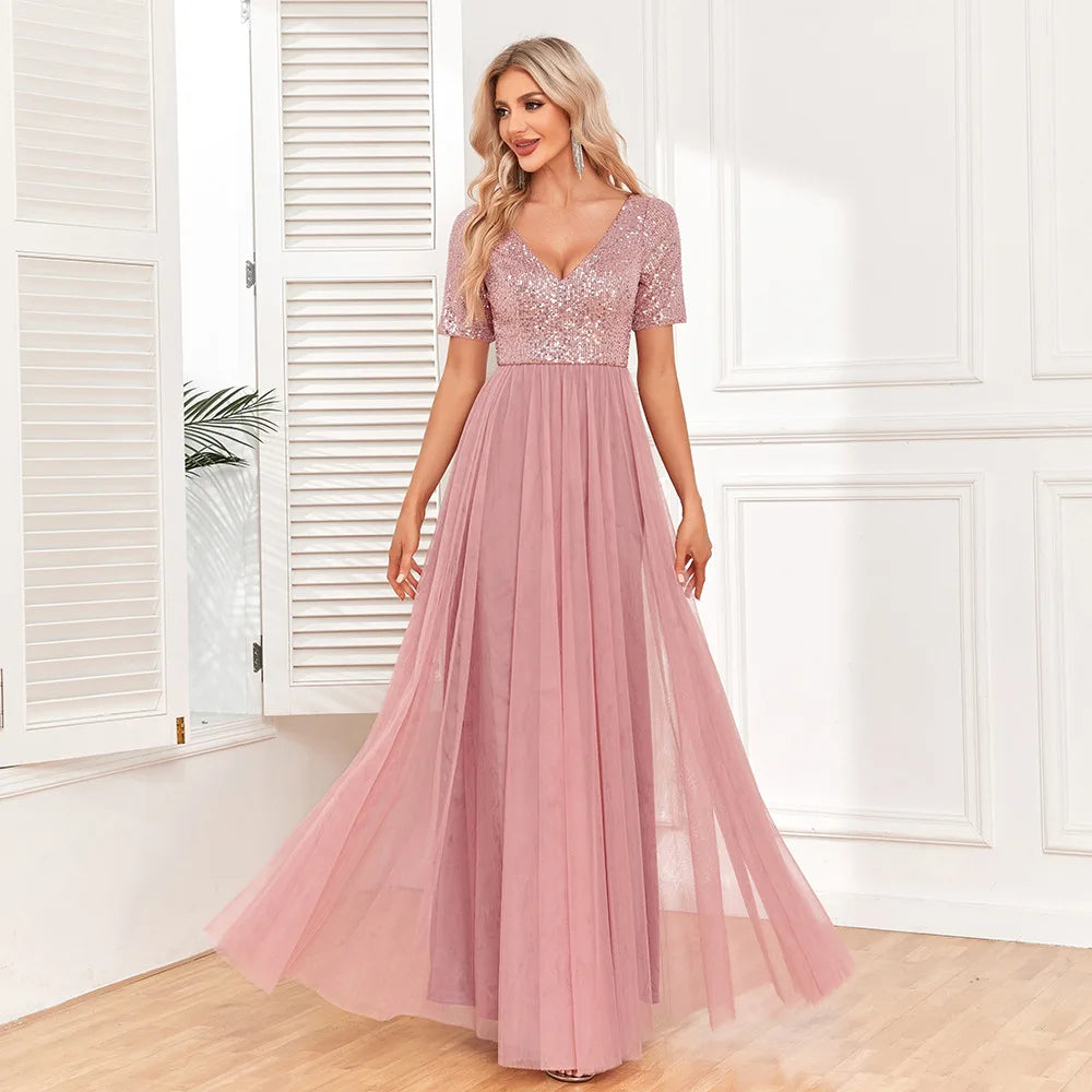 2024 Ladies Elegant Short sleeved Dress with Lace Embroidery V-neck A-line Sequin Evening Dress Bridesmaid Party Graduation Dres