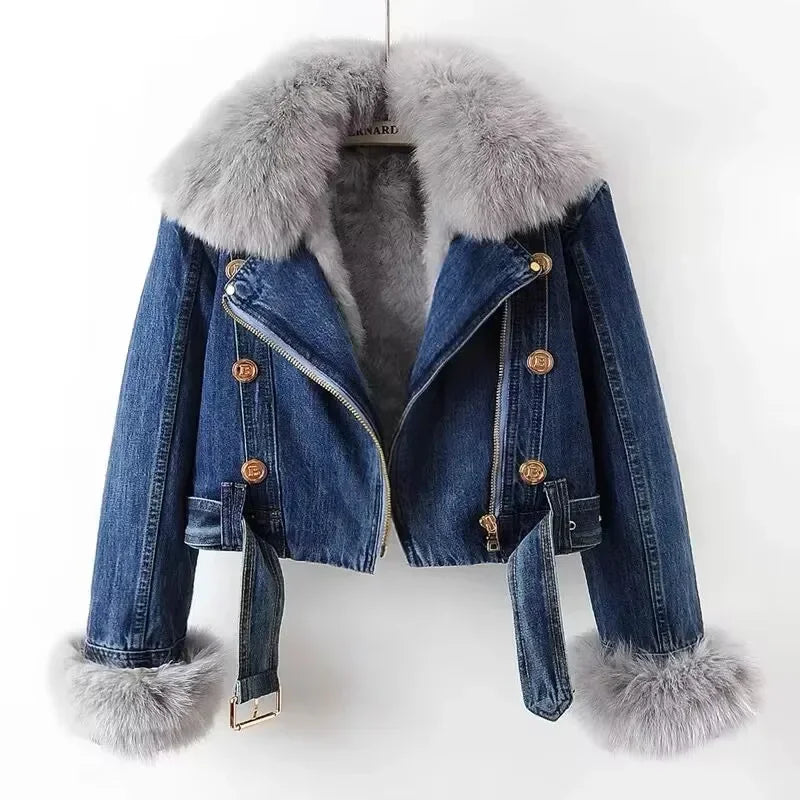 Denim Jacket for Women Short Thick 2025 Autumn Winter Y2k Tops Casual Punk Biker Faux Fox Fur Zipper Cowboy Coat Warm Outerwear