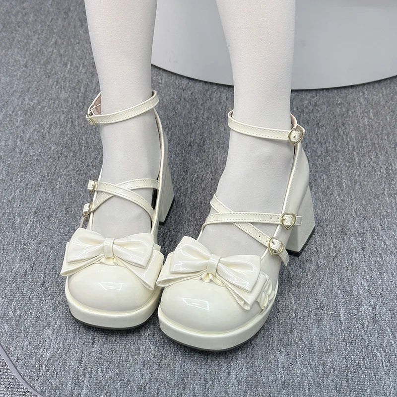 Original Round Toe Lolita High Heels Japanese Sweet Cute Bow Love Buckle Chunky Mary Jane Shoes Kawaii Leather Shoes for Women