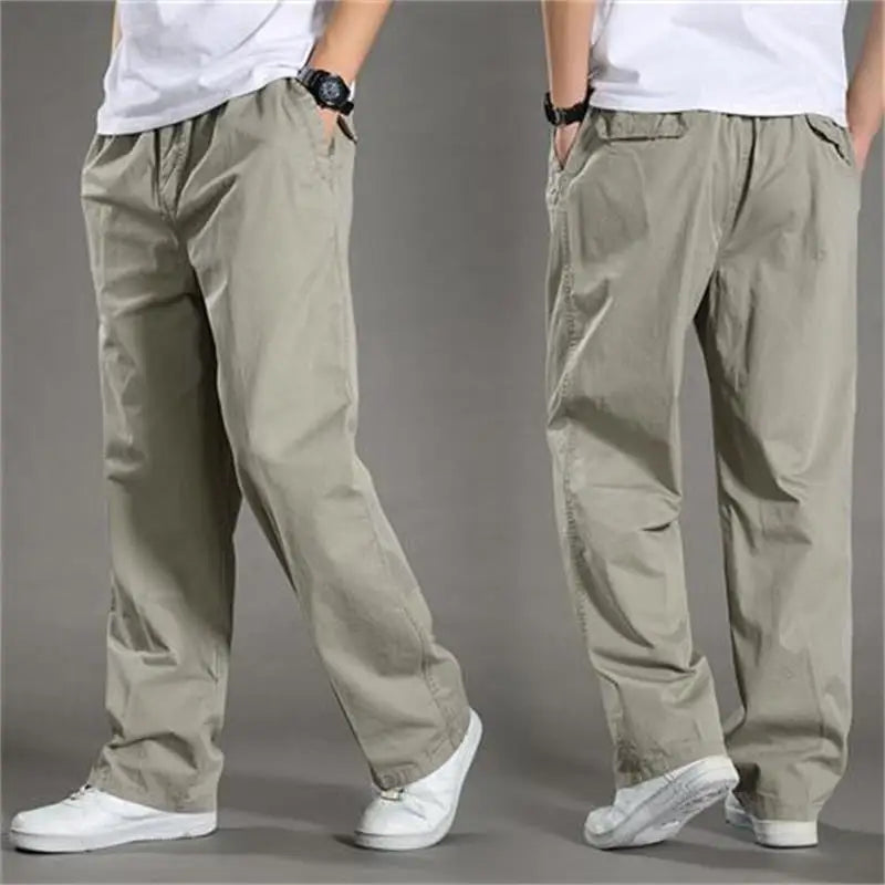 Big Size Men Oversize Cotton Cargo Wide Pants Summer Elastic Waist Multi-pocket Streetwear Joggers Casual Baggy Sports Trousers