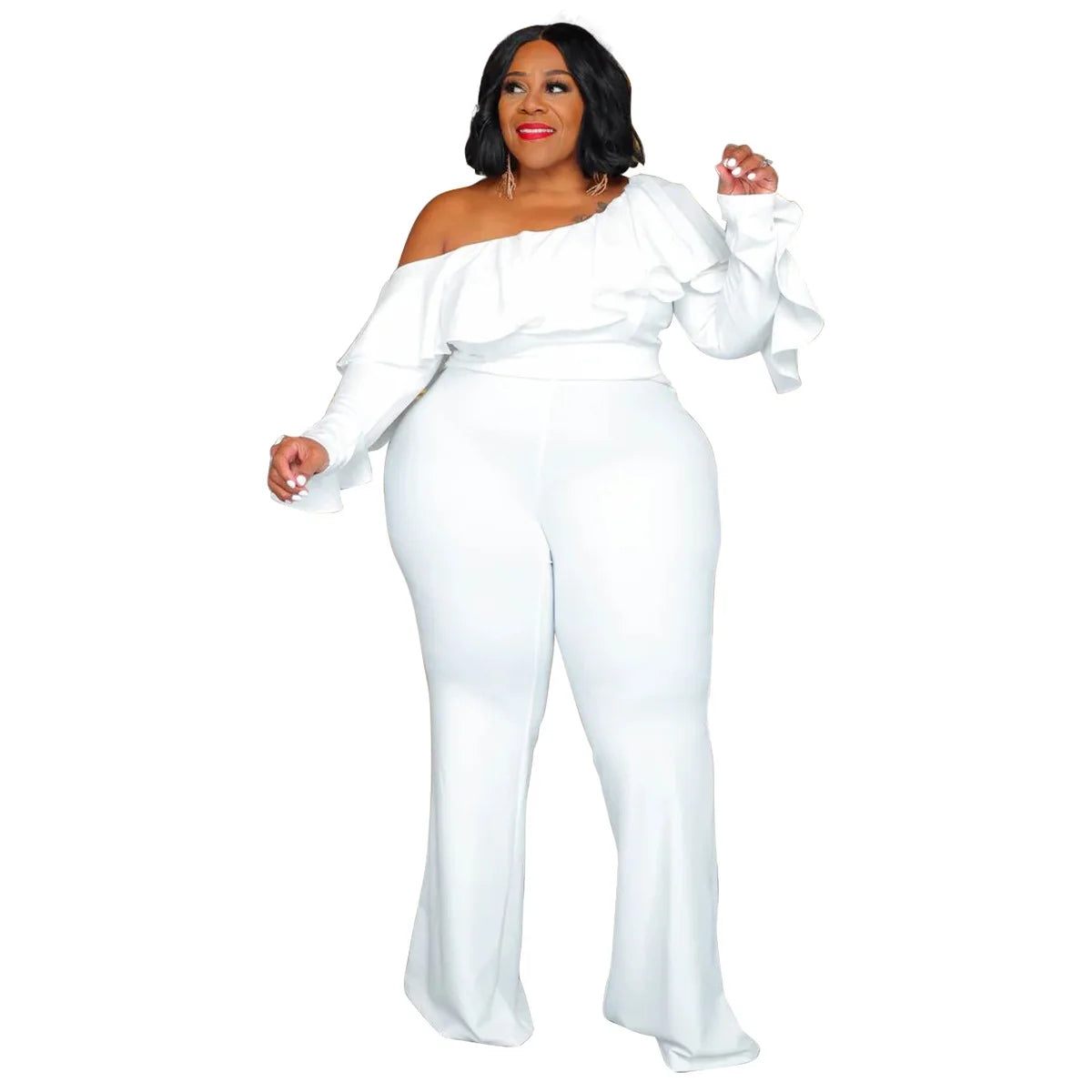 Plus Size Women Jumpsuit One Shoulder Long Sleeves Rufflea Wide Leg Pants Party Rompers 4XL 5XL Autumn Winter