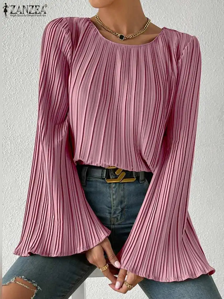 ZANZEA Long Flare Sleeve Blouse Elegant OL Women Autumn Pleated Tops 2023 Fashion Casual Solid Color Shirts Office Ladies Blusas