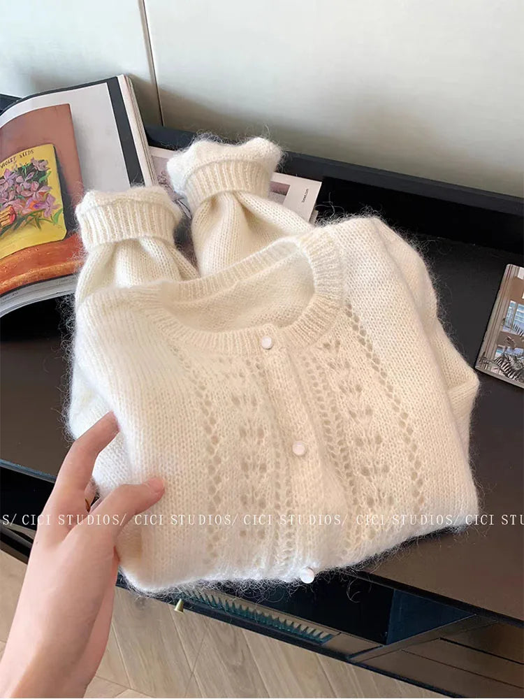 2023 Autumn Women Knitted Jumper Office Lady Korean Fashion Long Sleeve White Cardigan Casual Clothes O-Neck Sweater Mori Girl