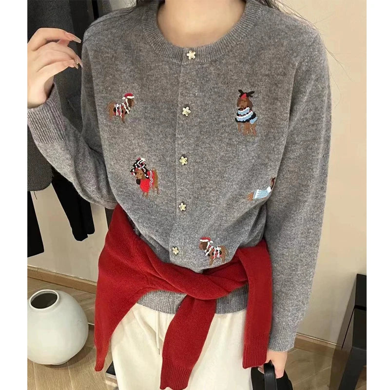 Women's Trendy Sweet Chic Cute Cartoon Embroidery Single Breasted Cardigan Spring Casual O Neck Long Sleeve Knitted Sweater Coat