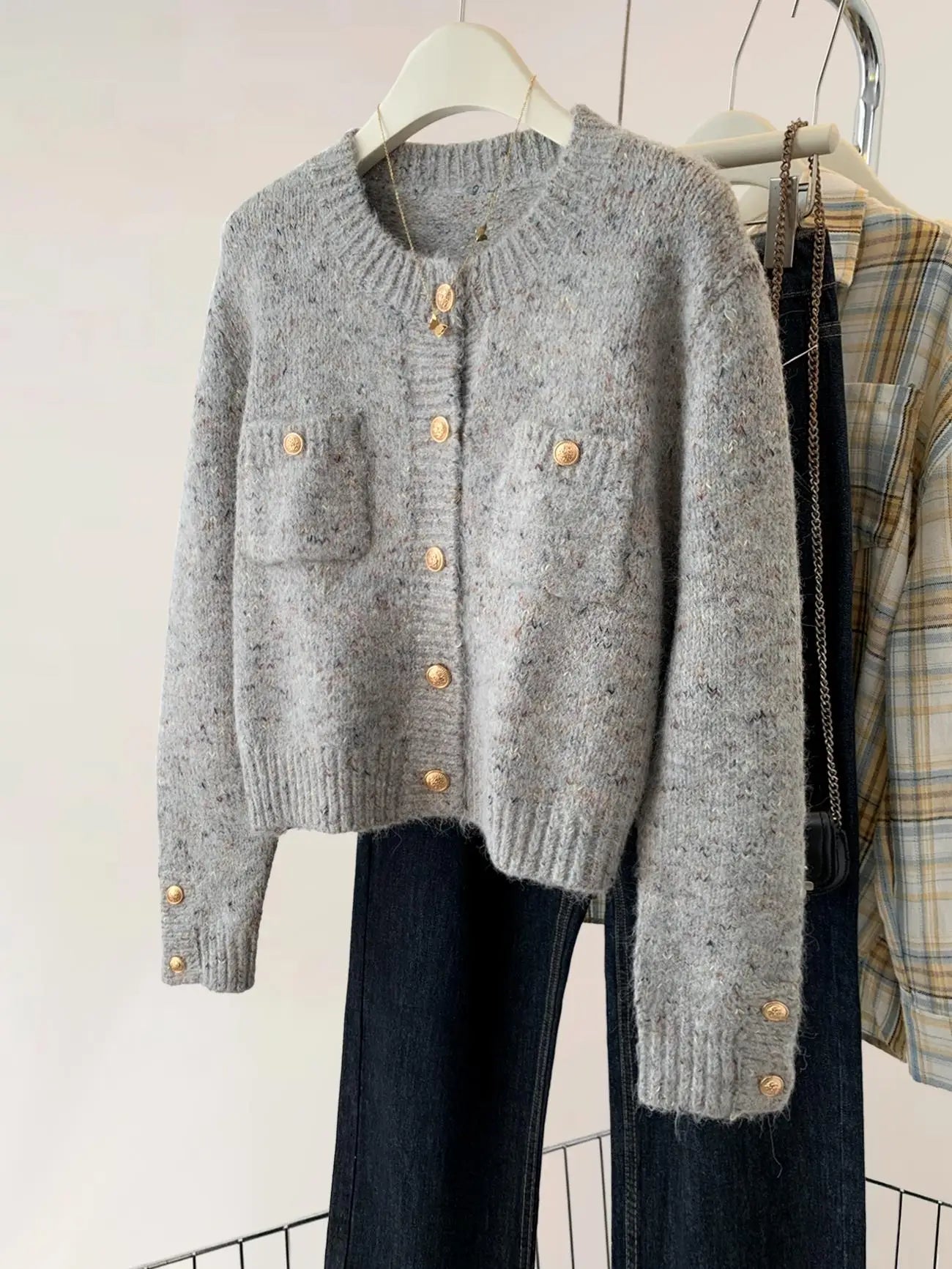 Gold Buttons Gray Women Knit Cardigan Simple O-Neck Long Sleeve Sweater Coat Autumn Spring Office Lady Elegant Knitwear