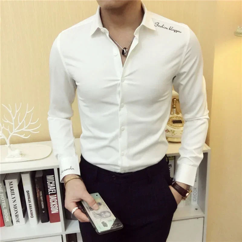 Shirts and Blouses for Men Plain Long Sleeve Clothing Muscle Man Tops Business Dress Shirt Black with Collar Slim Fit Asia S Xxl