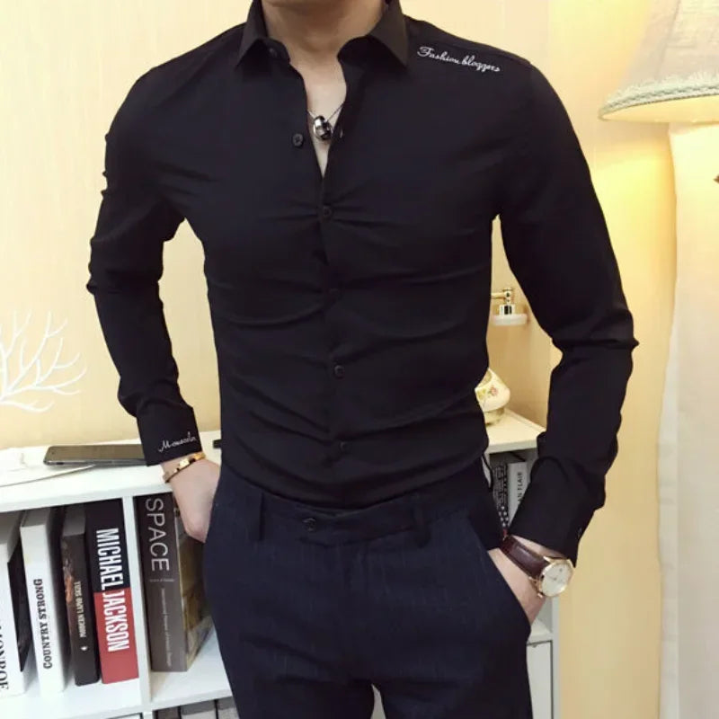 Shirts and Blouses for Men Plain Long Sleeve Clothing Muscle Man Tops Business Dress Shirt Black with Collar Slim Fit Asia S Xxl