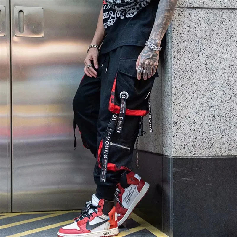 Y2K Joggers Cargo Pants For Men Casual Hip Hop Pocket Mens Trousers Sweatpants Streetwear Ribbons Techwear Black Baggy Pant 브론슨