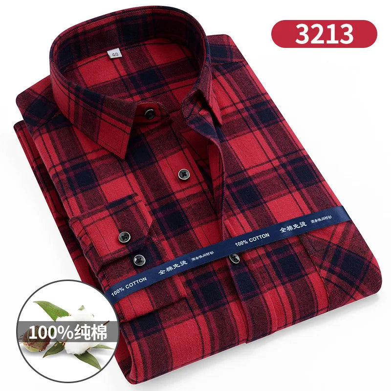 Size 11XL 10XL 9XL Fashion Flannel Plaid Shirts For Men‘s Long Sleeve Cotton Casual Blouse Soft Standard-Fit Shirt Male Clothing