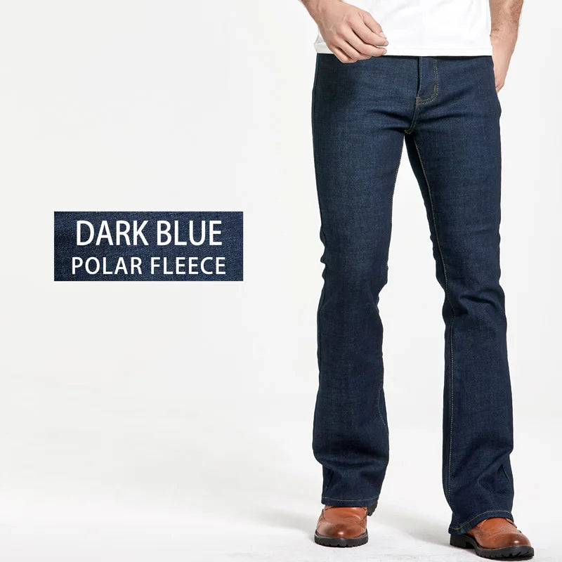 Mens Winter Stretch Denim Jeans Thicken Warm Pants Slim Slightly Flare Trousers Boot Cut Fit Polar Fleece Jeans