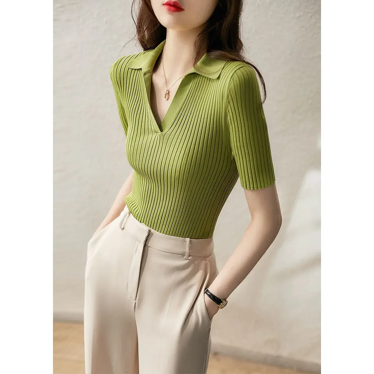 Woman T Shirt Plain Slim Knitted Black Polo Neck Women Casual Tops Korean Popular Clothes Clothing Basic New Synthetic Aesthetic