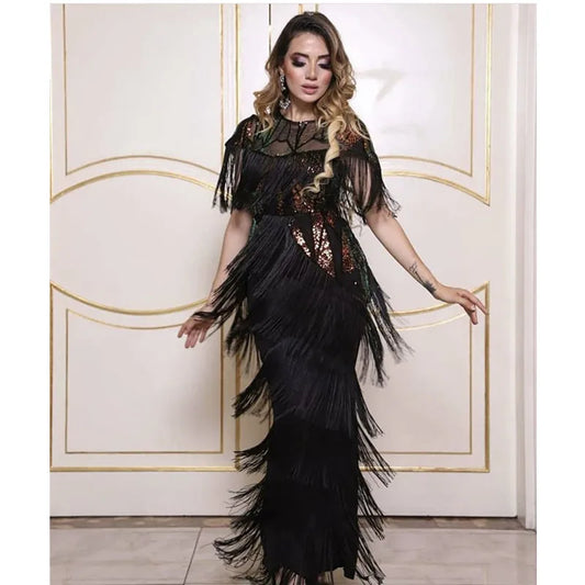 Women Summer Sexy Fringed Embellished Bodycon Celebrity Evening Dress Short Sleeve Fringe Tassel Club Party Dress Party dresses