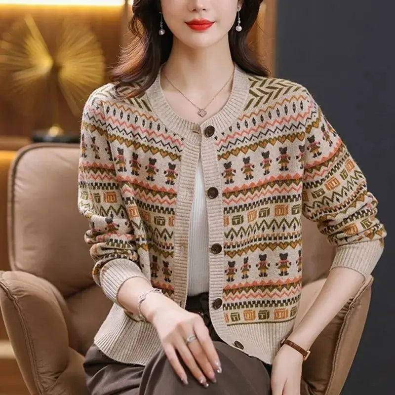 Women Vintage Stylish Jacquard Elegant Single Breasted Cardigan Korean Casual O Neck Long Sleeve Loose Chic Knitted Sweater Coat