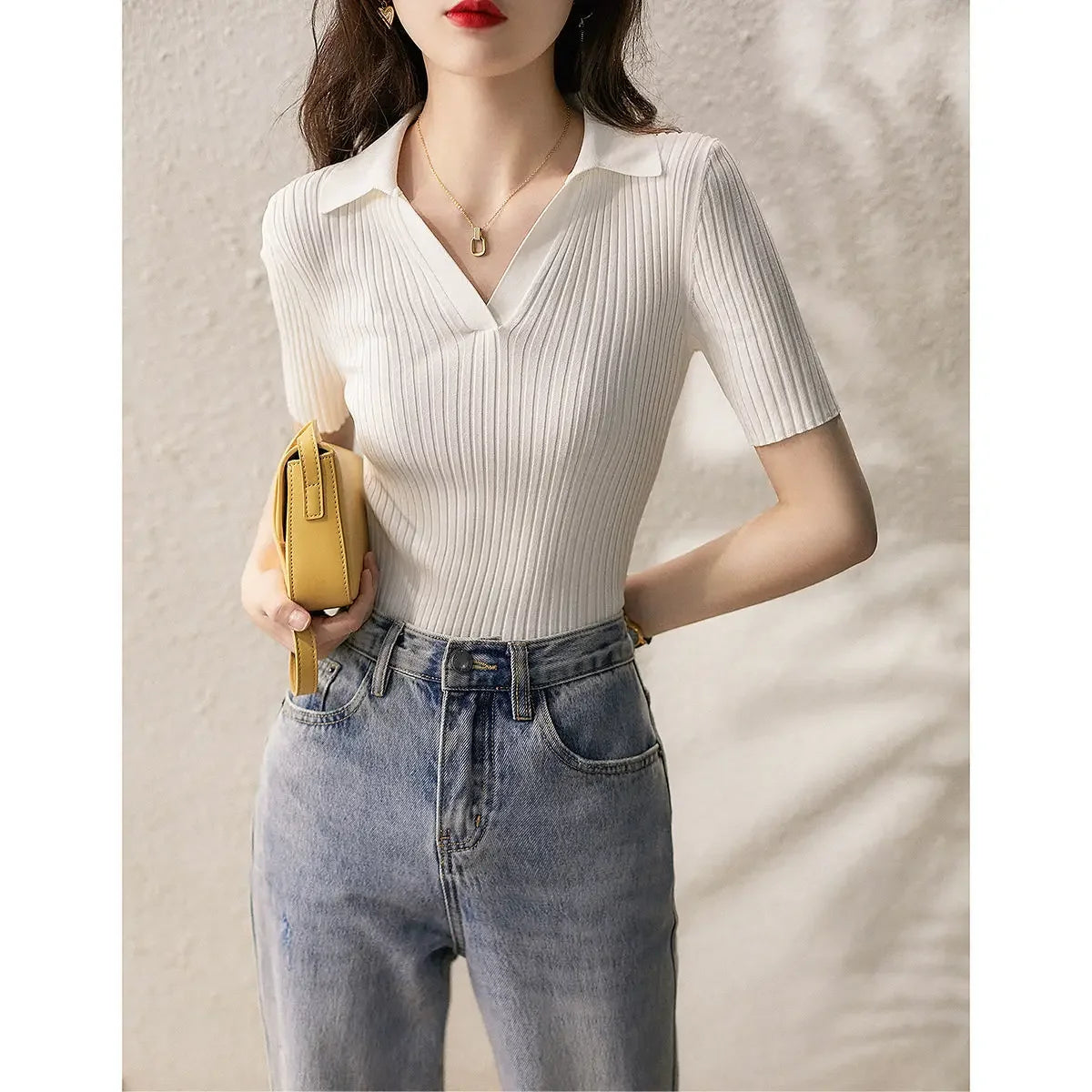 Woman T Shirt Plain Slim Knitted Black Polo Neck Women Casual Tops Korean Popular Clothes Clothing Basic New Synthetic Aesthetic