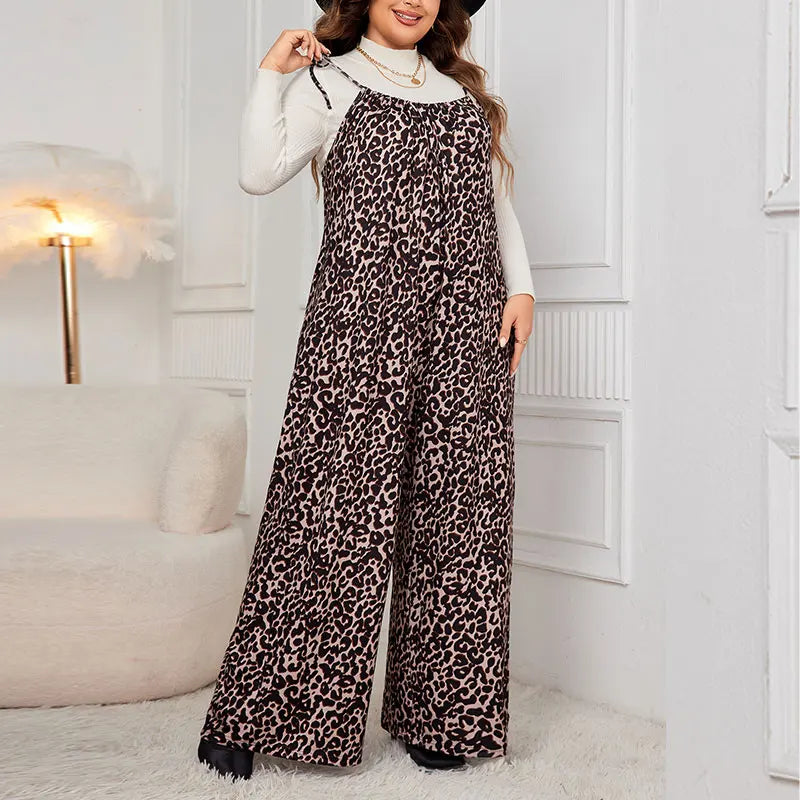 Plus Size Leopard Jumpsuits Sexy Lace Up Strap Sleeveless Wide Leg Pants Fashion Loose Brown Overalls