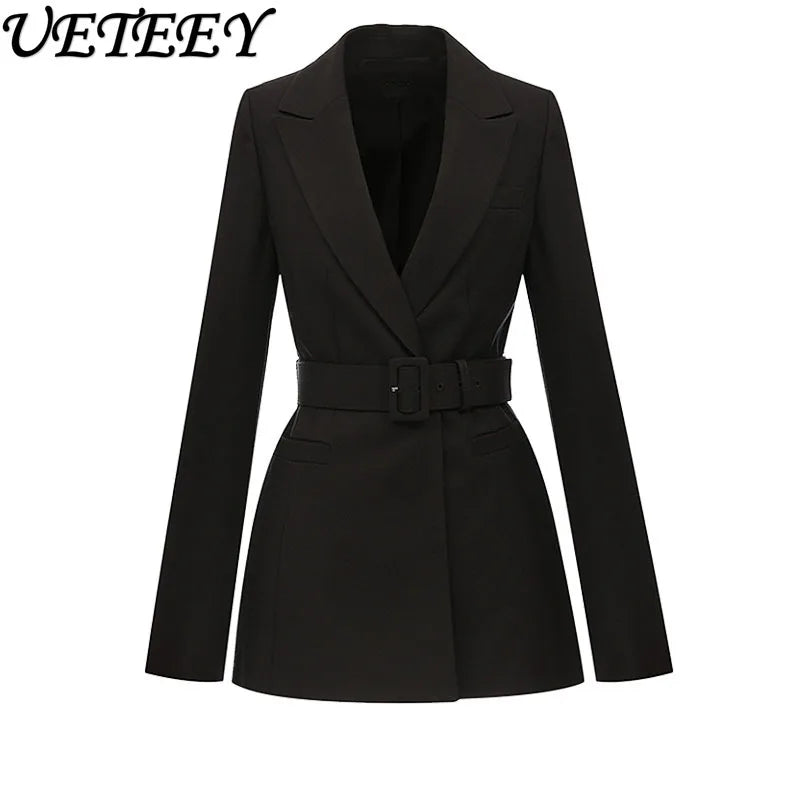 Retro Fashion Lace-up Waist-Controlled Long Sleeves Suit Jacket Women's Spring Autumn New Temperament Professional Casual Coat