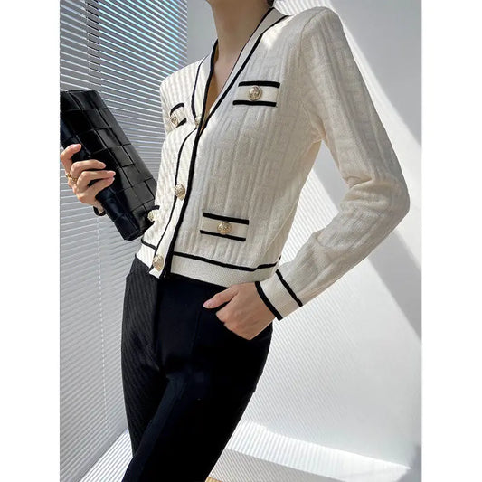 Spring Autumn New V-neck Long Sleeve Fashion Sweater Women High Street Casual Button Patchwork Cardigan Elegant Vintage Tops