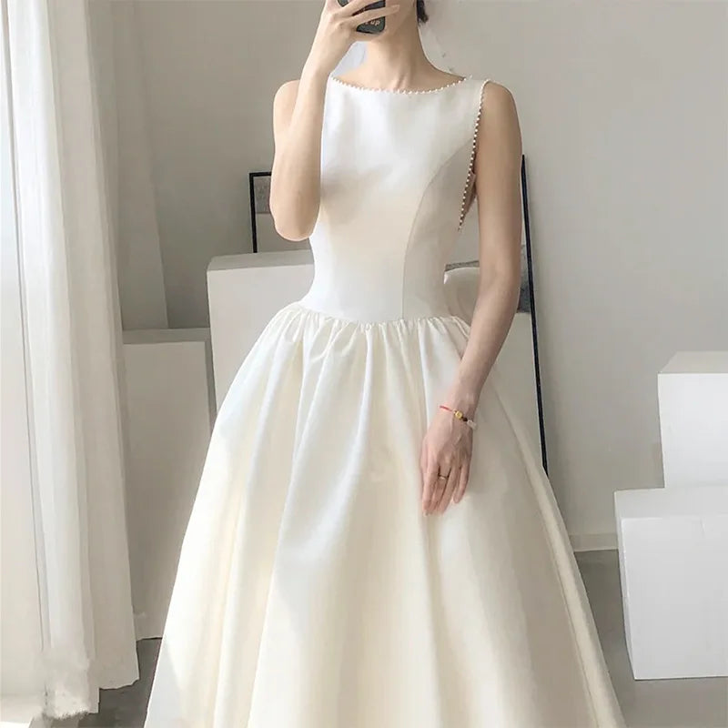 White Satin Wedding Dress Elegant Prom Evening Midi Dresses For Women 2023 Summer Sexy Long Birthday Graduation Party Vestido