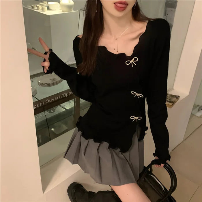 Hot Selling Women's Sweater Black Side Split Fungus Edge Bow Outcoat Knitted Cardigan Pullovers Long Sleeves Women's Clothing