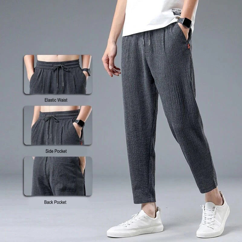 Men's Ice Silk Linen Sports Pants Casual Loose Summer Sweatpants Drawstring Spring Autumn Lightweight Harem Pants