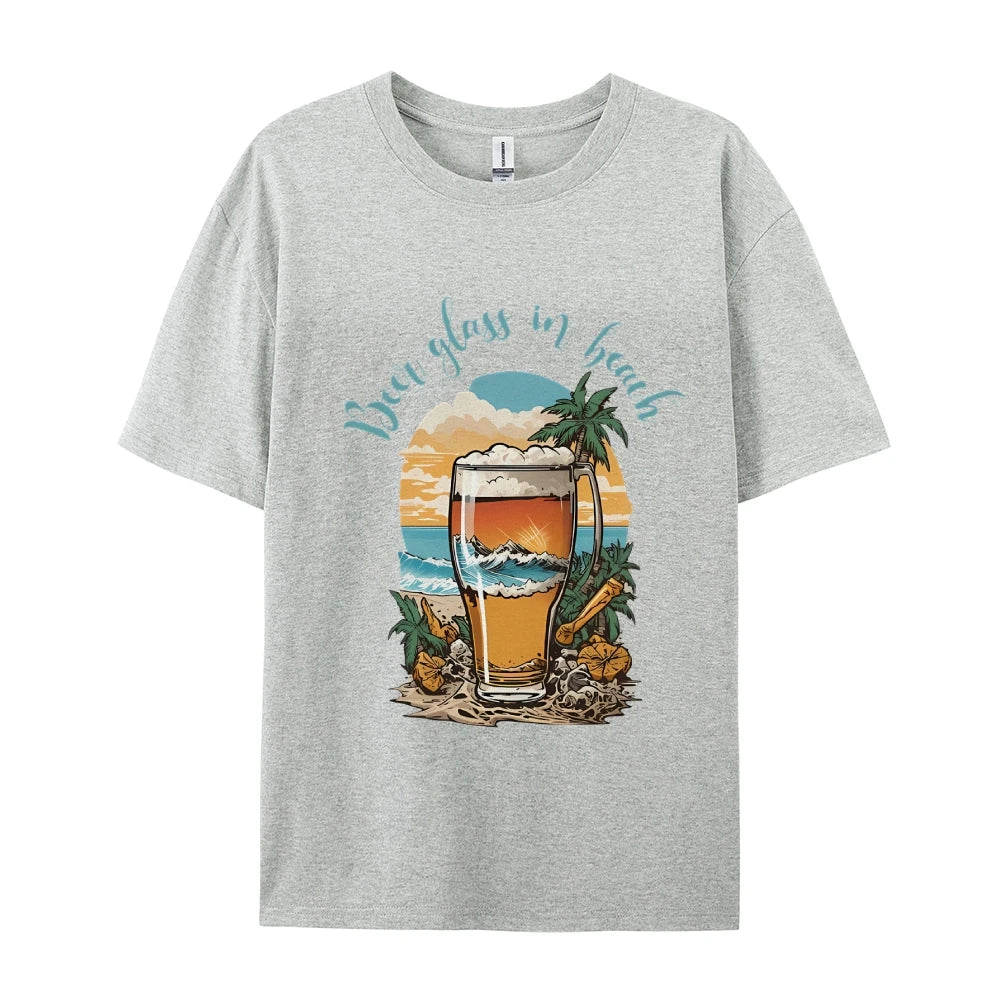 Beer Glass In Beach Women’s Graphic Tee Summer Vacation T-Shirt Beers Lover Shirt Oktoberfest Tshirts Women’s Clothes Top Tees