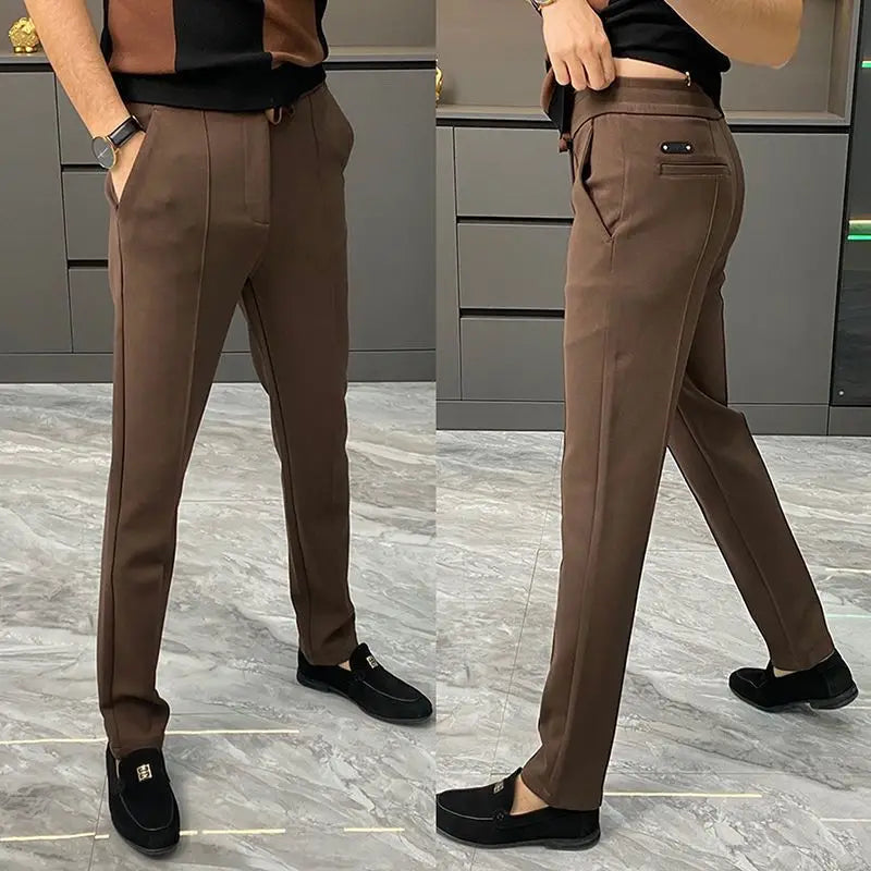 Simplicity Trend Spring Autumn Suit Pants Men Solid Pockets Zipper Smart Casual Office Social Slim Bound Feet Straight Trousers