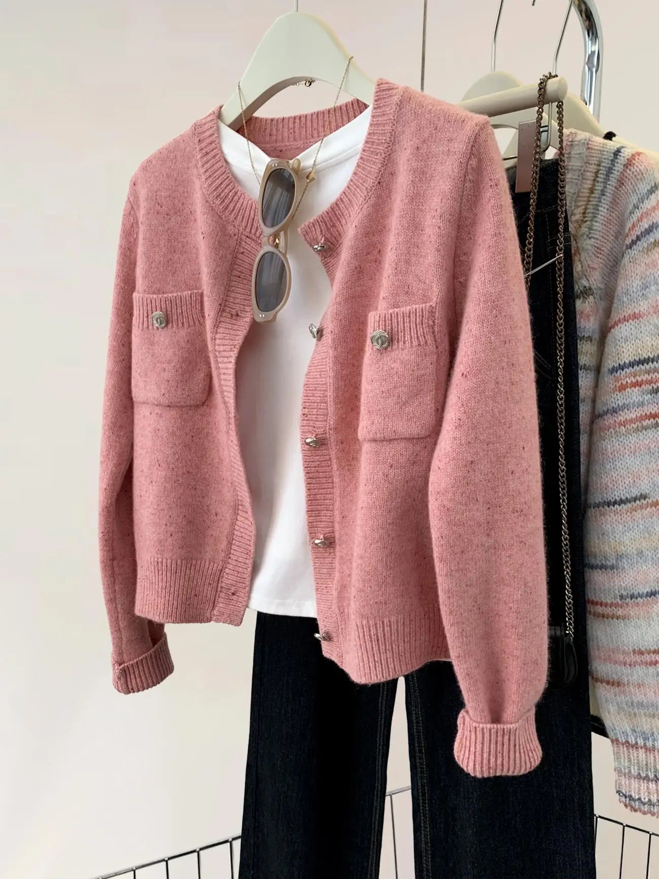 Gold Buttons Gray Women Knit Cardigan Simple O-Neck Long Sleeve Sweater Coat Autumn Spring Office Lady Elegant Knitwear