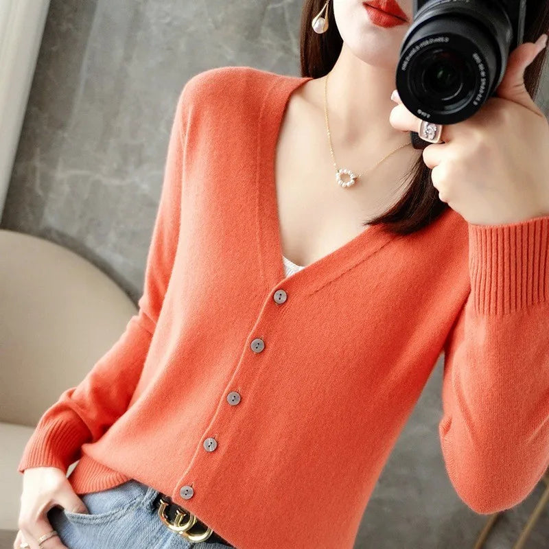 JIAYAN 2025 Spring New Cardigans Women's Clothing Korean Version Tops Solid Color Fashion V-neck Knitted Sweater