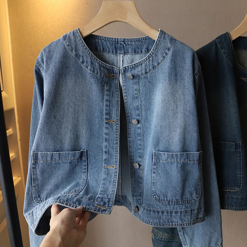 2023 Fashion O-neck Denim Jacket Women Short Coat Spring Autumn Single-breasted Pocket Loose Tops Female Casual Jean Outerwear