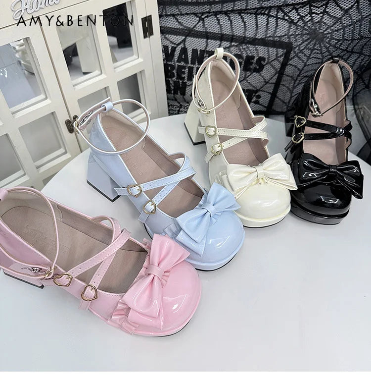 Original Round Toe Lolita High Heels Japanese Sweet Cute Bow Love Buckle Chunky Mary Jane Shoes Kawaii Leather Shoes for Women