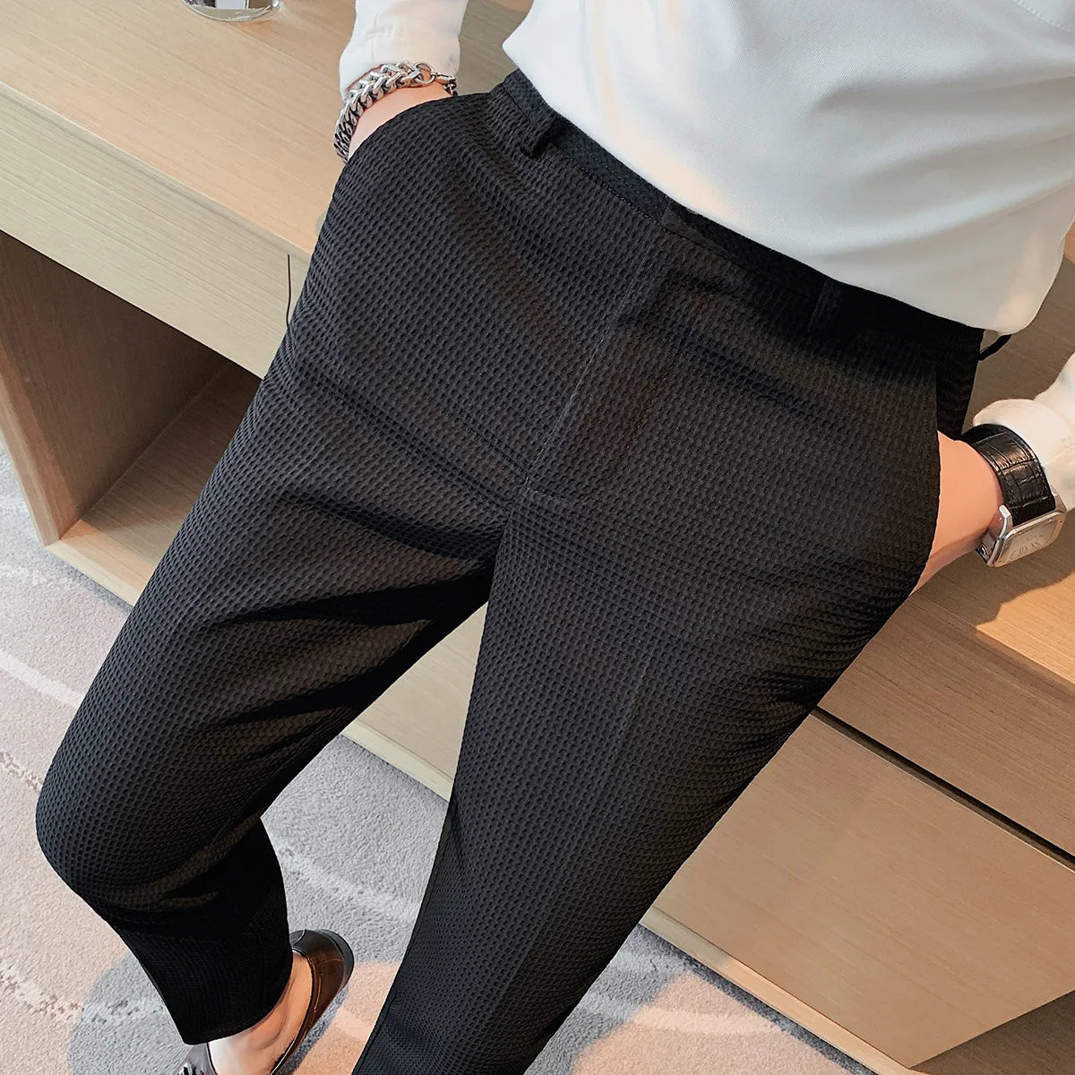 Korean Spring New Pantalones High Waist Waffle Business Casual Suit Pants for Men Clothing Slim Fit Formal Wear Trousers Y2k