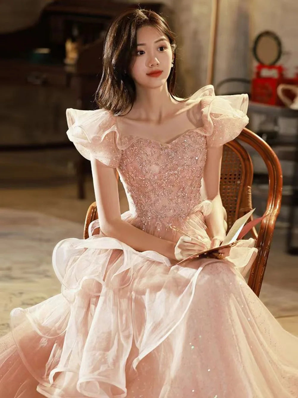 Pink Elegant Evening Dresses for Women Flying Shoulder Sequined Ruffle Fluffy Organza Prom Dreeses for Woman