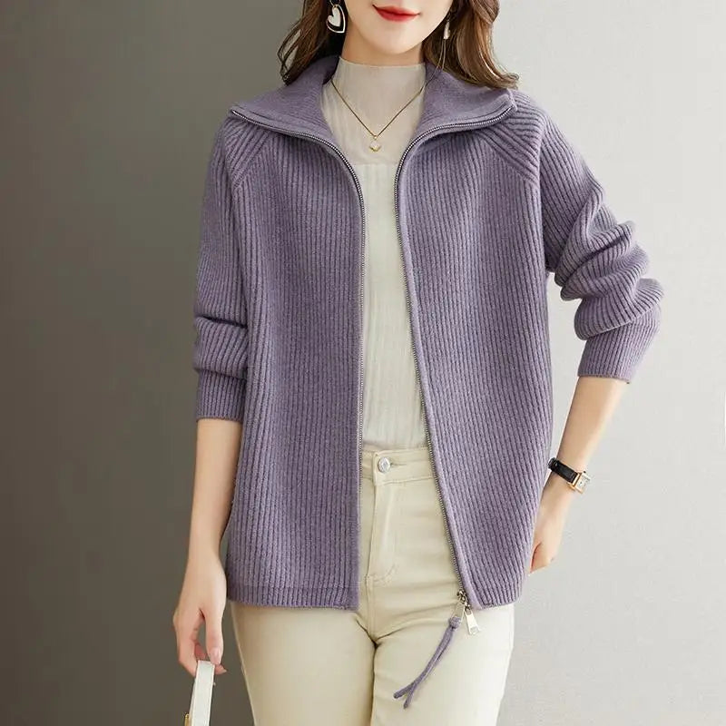 Autumn Winter New Solid Color Turn-down Collar Long Sleeve Sweater Women High Street Zipper Patchwork Cardigan Elegant Tops