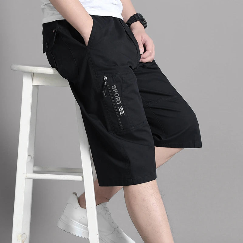 Mens Cotton Cargo Shorts Below Knee Lenth Summer Elastic Waist Sweatpants Hiking Running Bermuda Shorts Gym Below Knee Shorts