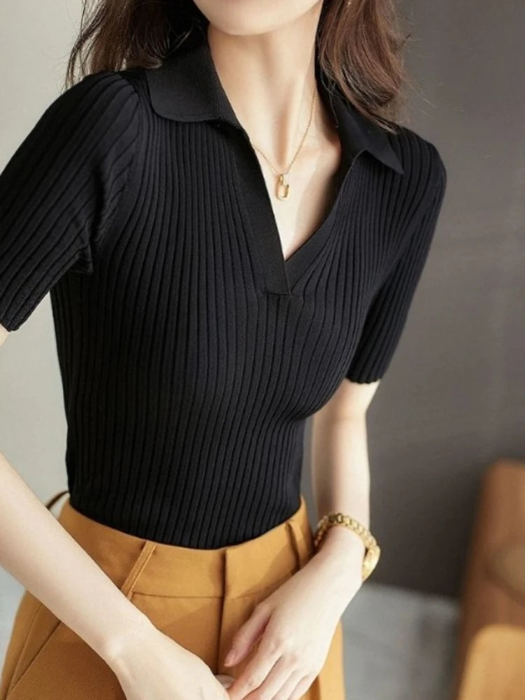 Woman T Shirt Plain Slim Knitted Black Polo Neck Women Casual Tops Korean Popular Clothes Clothing Basic New Synthetic Aesthetic