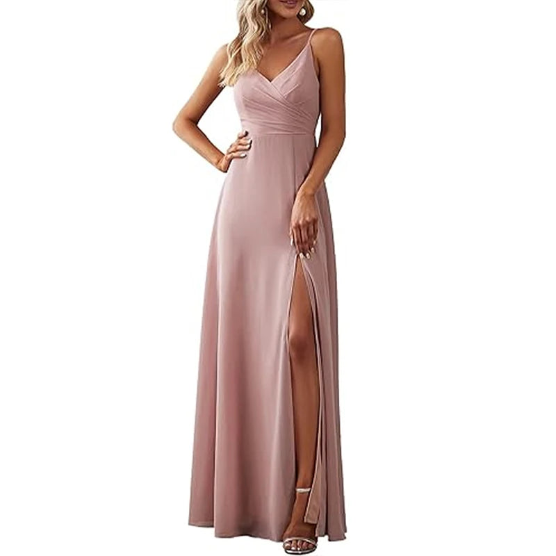 Women's Spaghetti Strap V Neck Chiffon Formal Wedding Bridesmaids Elegant Simple Evening Dress Slit Banquet Guest Maxi Dress