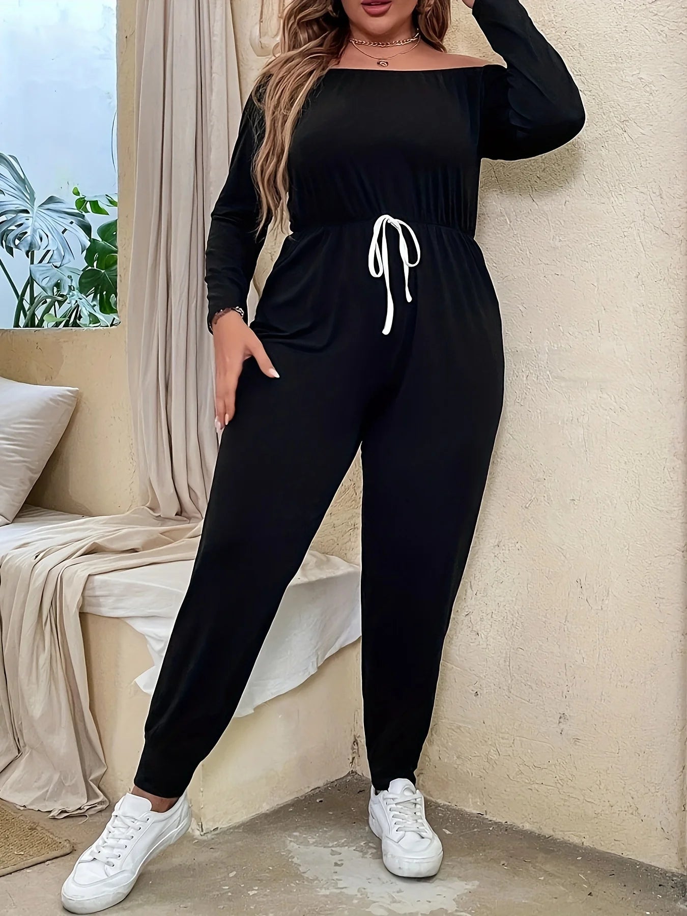 Plus Size Summer Elastic High Waist Jumpsuit Women Off Shoulder Fashion Casual Ladies Jumpsuits Loose Long Sleeve Woman Jumpsuit