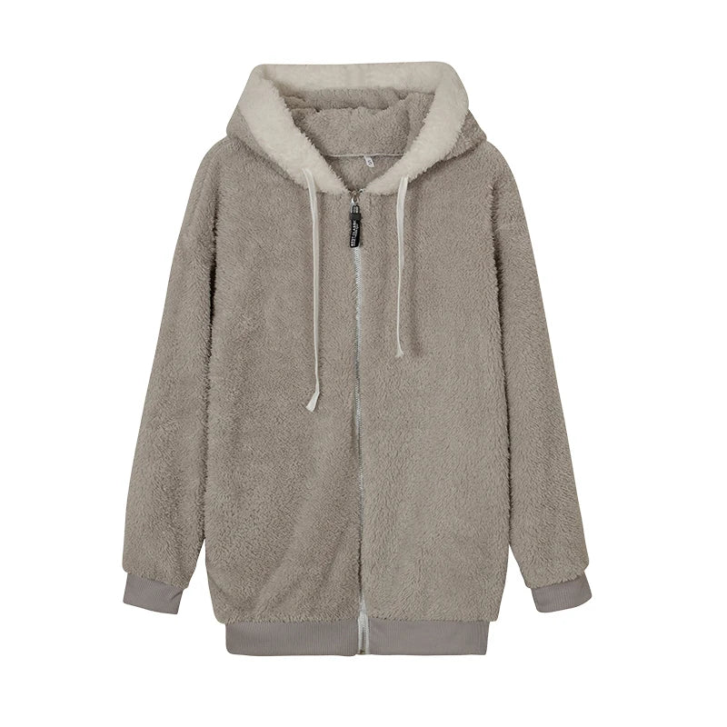 New Style Autumn And Winter Loose Plush Zipper Hooded Jacket Woman